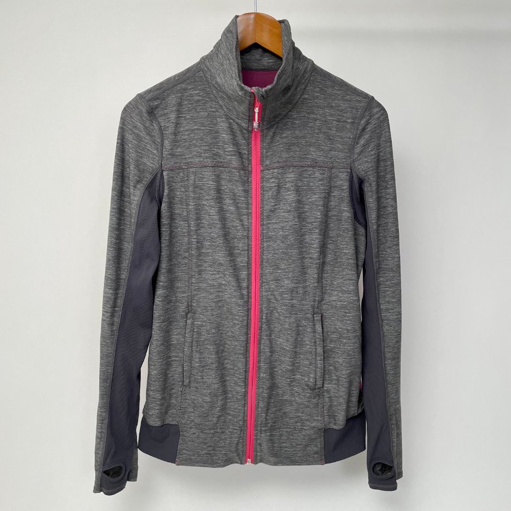 Lululemon Tadasana Mesh Back Zip Up Jacket Grey Pink, Size 12/L